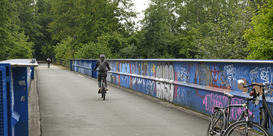 Radweg Rheinischer Esel mit Fahrradfahrern und einem Fahrrad im Vordergrund