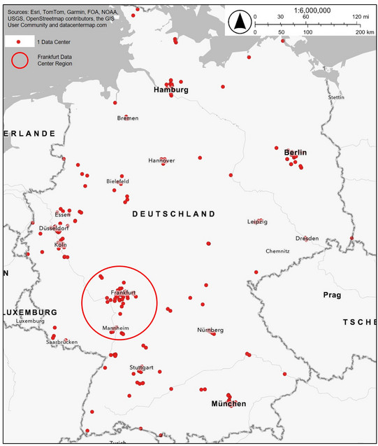 The map shows the location of data centers in Germany