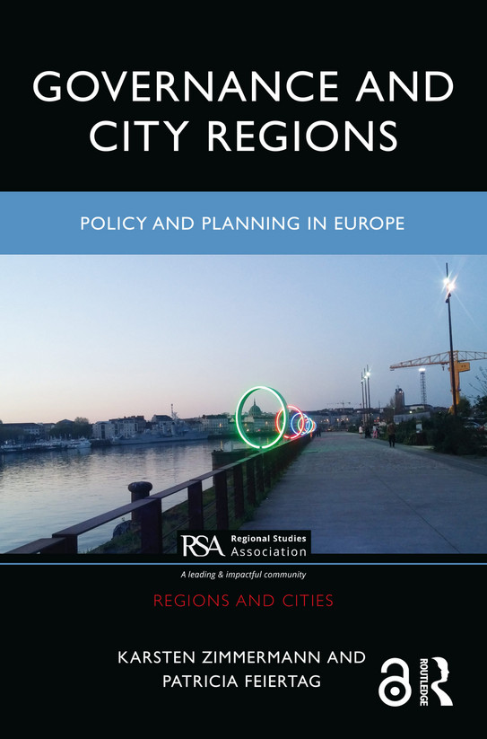 Book cover Governance and City Regions with photo from France - glowing rings on the waterfront