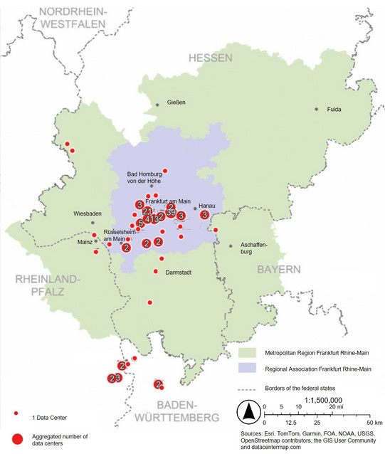 The map shows the location of data centers in the Frankfurt Rhine-Main region